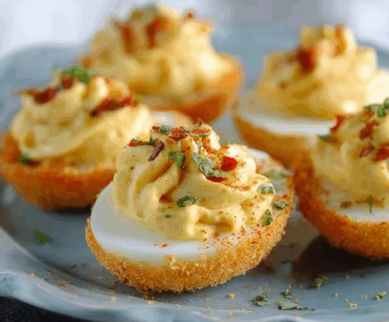 Delicious air fryer deviled eggs garnished with paprika and fresh herbs on a white plate.