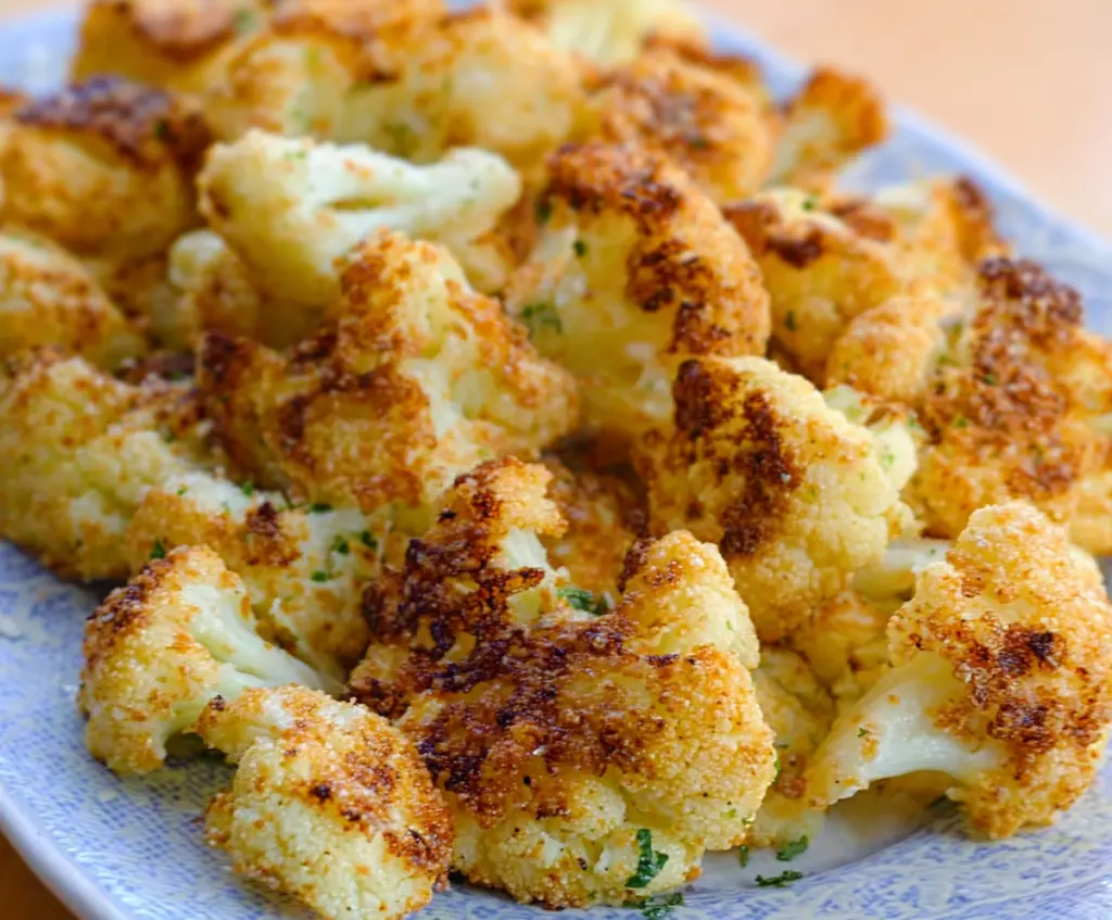 Delicious Air Fryer Parmesan Roasted Cauliflower garnished with fresh herbs on a plate.