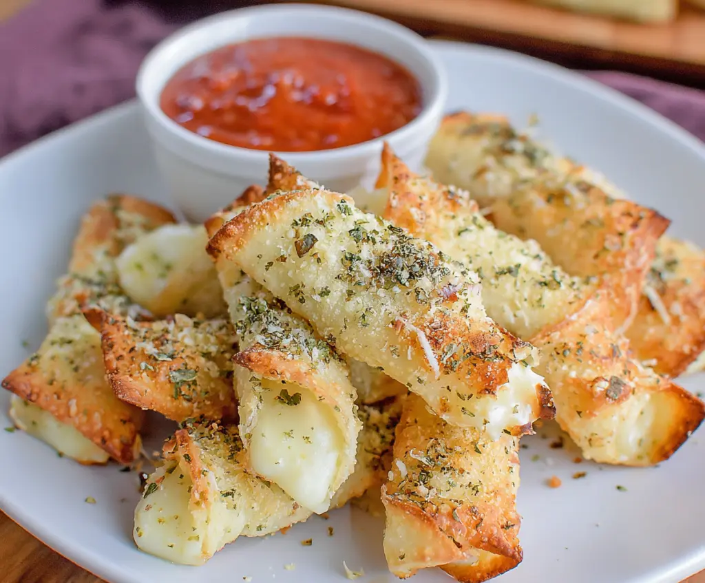 Crispy Air Fryer Wonton Mozzarella Sticks served with marinara sauce, perfect for a snack or appetizer.