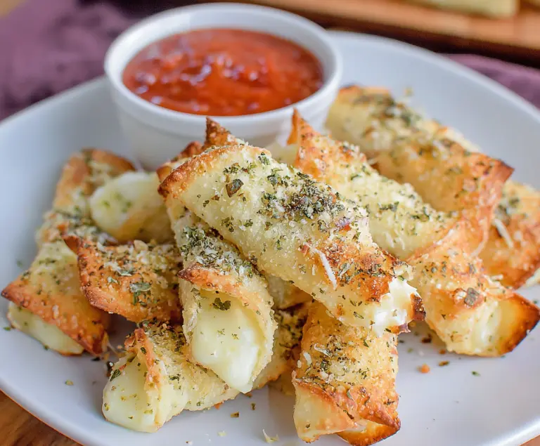 Crispy Air Fryer Wonton Mozzarella Sticks served with marinara sauce, perfect for a snack or appetizer.