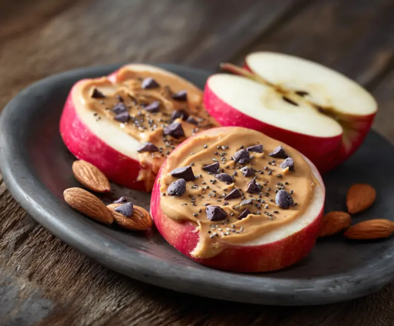 Healthy apple slices topped with almond butter and sprinkled with chia seeds for a nutritious snack.