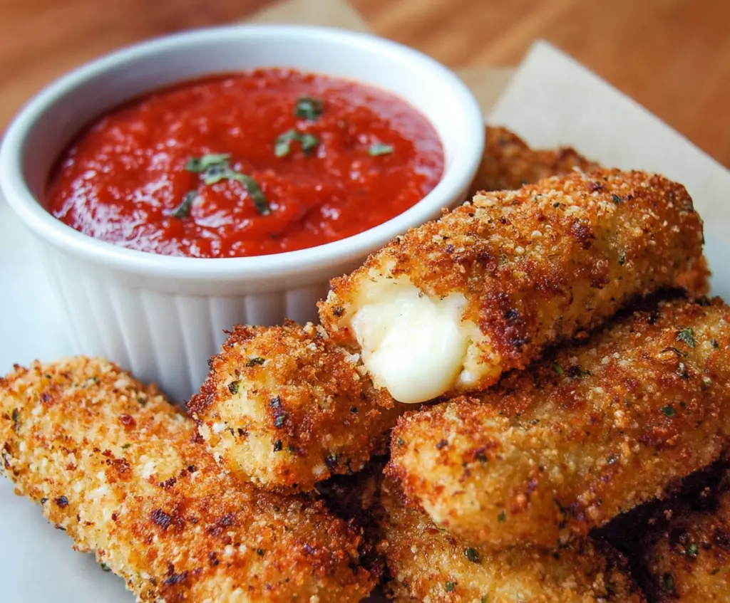 Crispy baked mozzarella sticks with golden brown cheese inside on a white plate.