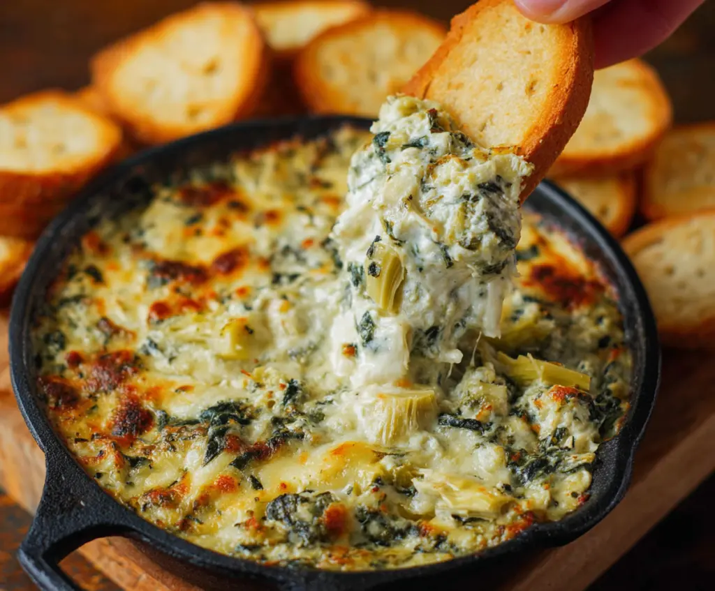 Creamy baked spinach artichoke dip served in a bowl, perfect for appetizer or party snack