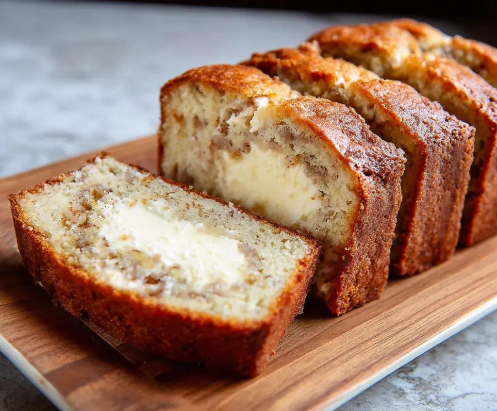 Delicious homemade banana bread with a smooth cream cheese filling, perfect for breakfast or dessert.
