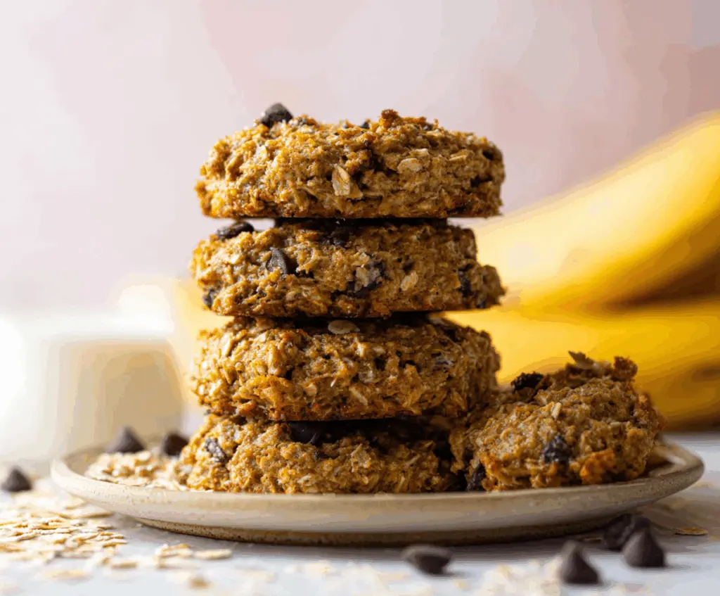 Homemade Banana Oatmeal Cookies on a baking tray with ripe bananas and oats