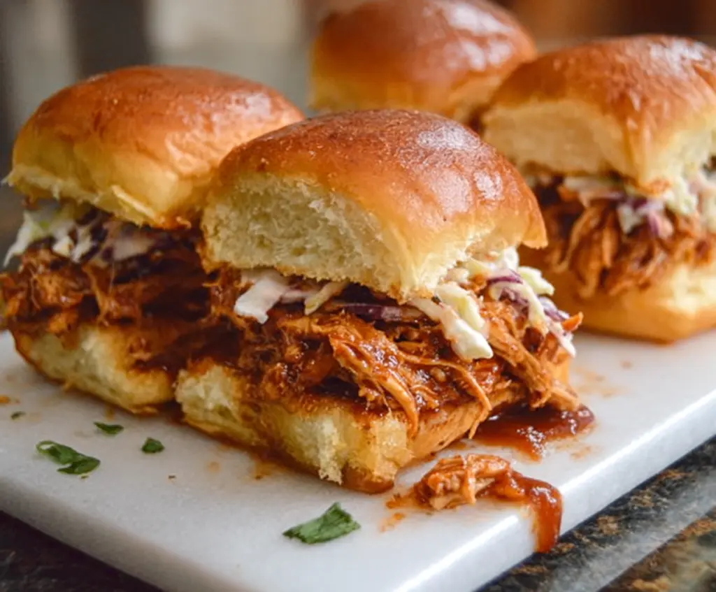 Delicious BBQ Chicken Sliders with melted cheese and fresh toppings on a plate
