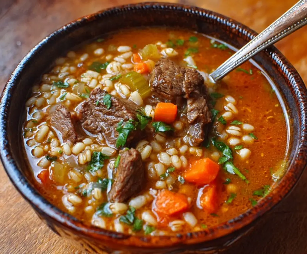 Hearty beef and barley soup in a rustic bowl, garnished with fresh herbs.