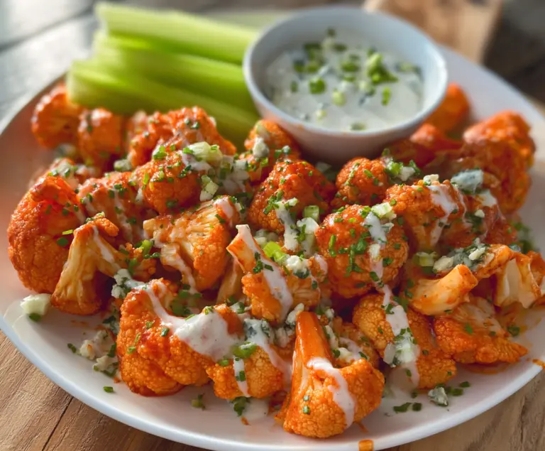 Delicious buffalo cauliflower bites served with celery and blue cheese dressing