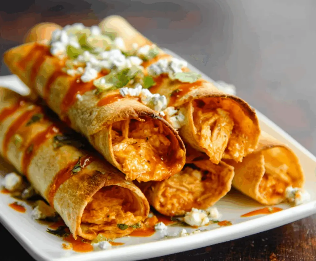 Delicious Buffalo Chicken Taquitos on a plate, crispy and golden, perfect for snacking or dinner.