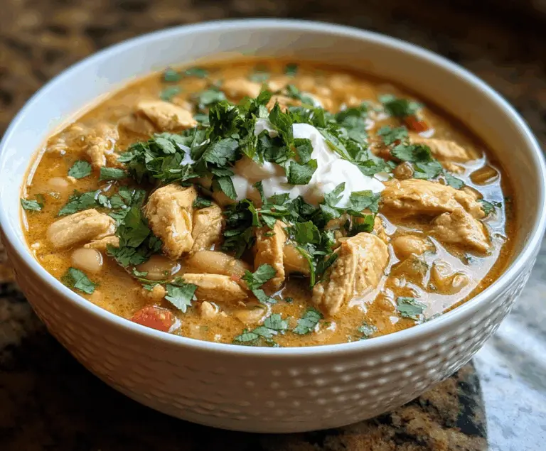 Creamy Cajun White Chicken Chili in a bowl, garnished with herbs and served with bread