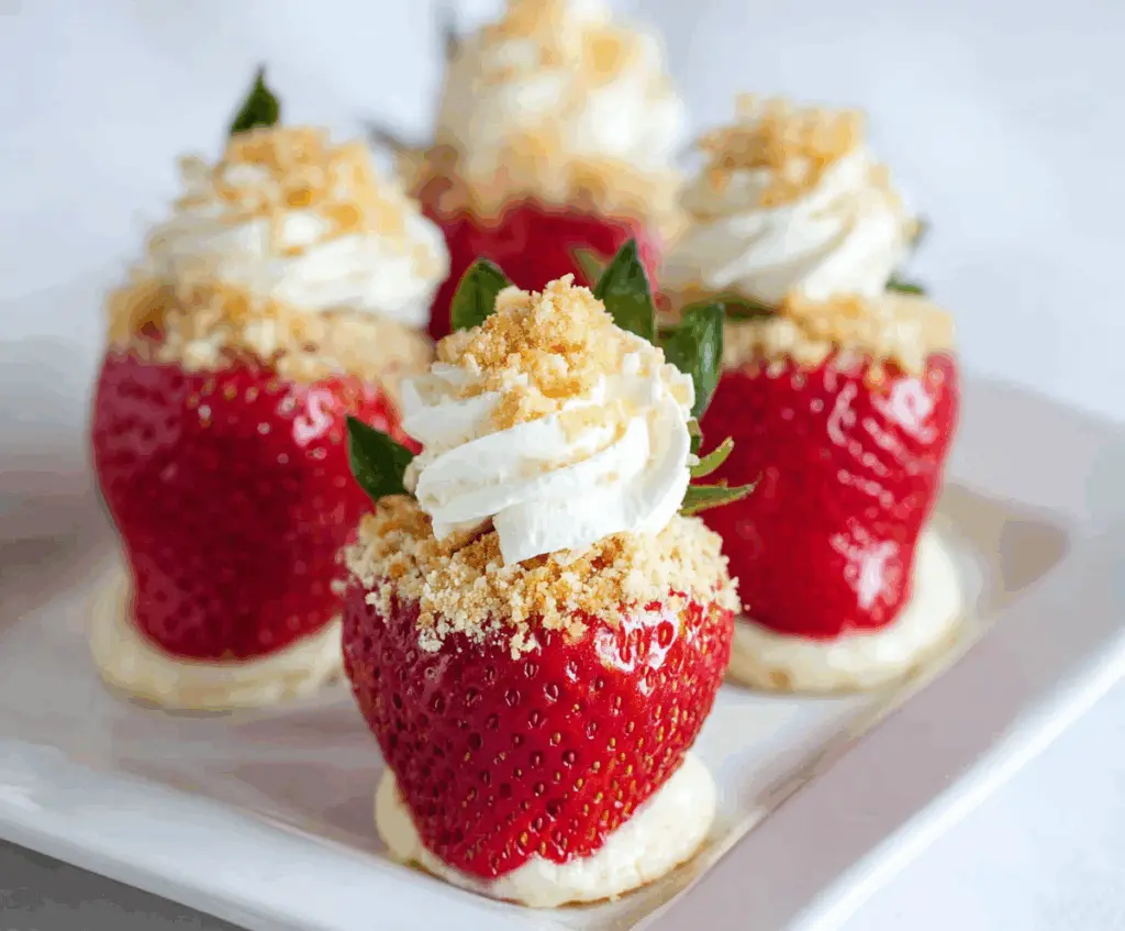 Delicious cheesecake stuffed strawberries garnished with fresh mint on a white plate