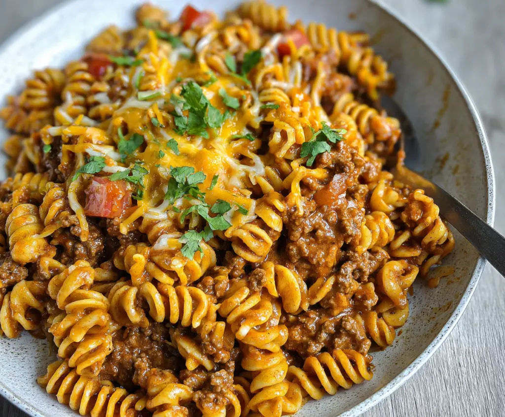 Delicious cheesy taco pasta in a bowl with melted cheese and seasoned ground beef
