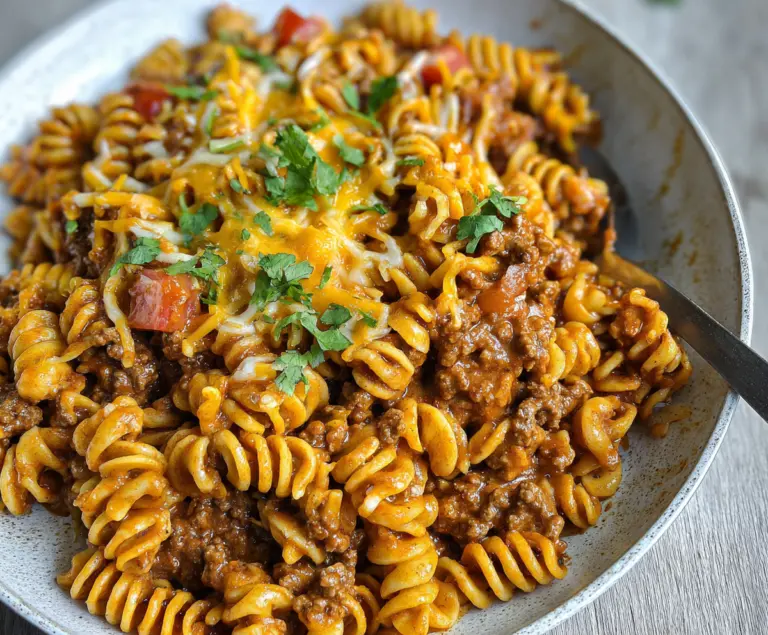 Delicious cheesy taco pasta in a bowl with melted cheese and seasoned ground beef