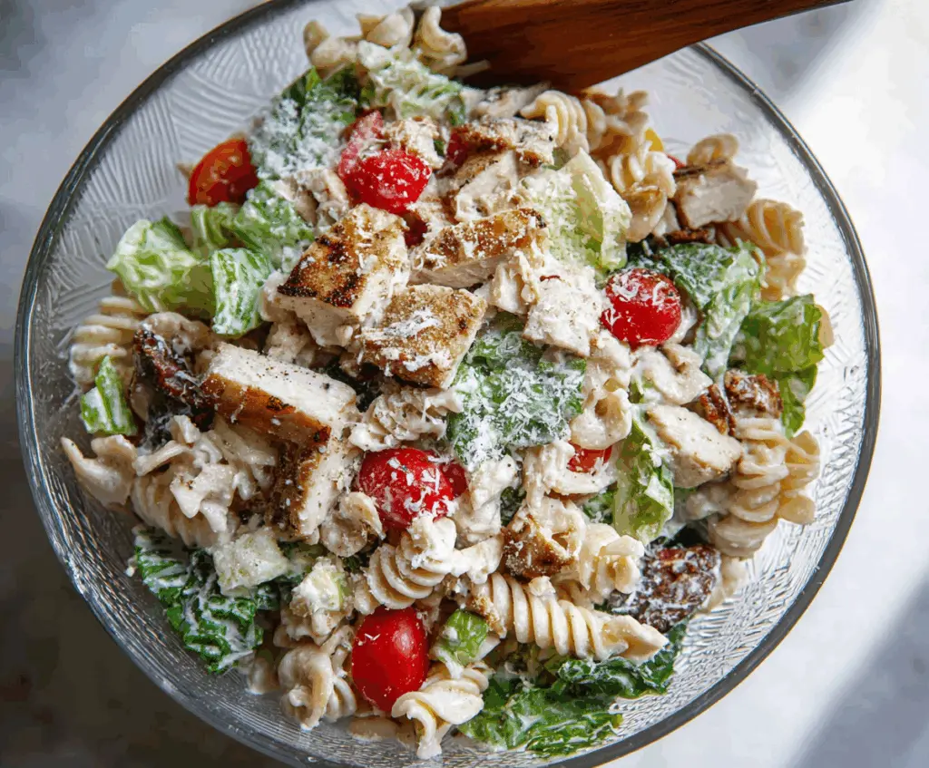 Delicious Chicken Caesar Pasta Salad with fresh lettuce, grilled chicken, crispy croutons, and Parmesan cheese.