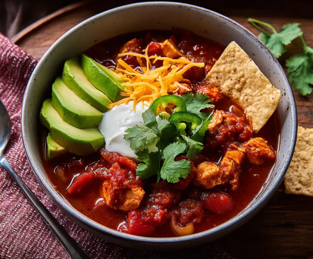 Delicious homemade chicken chili with beans and spices served in a bowl.