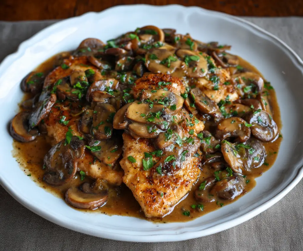 Succulent chicken Marsala cooked with rich mushroom and Marsala wine sauce on a elegant plate.