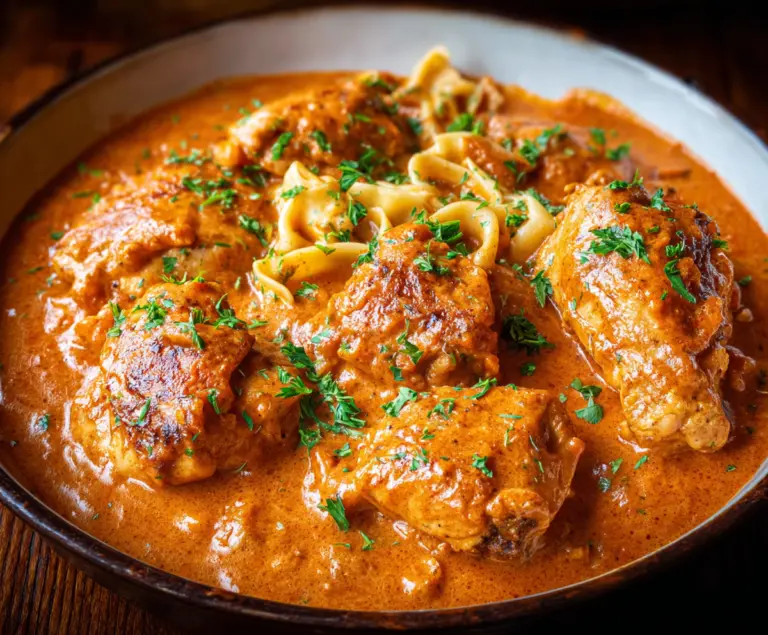 Delicious Chicken Paprikash served with vibrant red sauce and garnished with fresh herbs.
