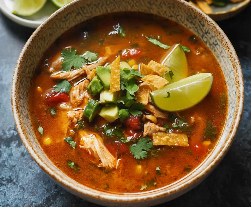 Delicious bowl of homemade Chicken Tortilla Soup with shredded chicken, tortillas, and fresh herbs.