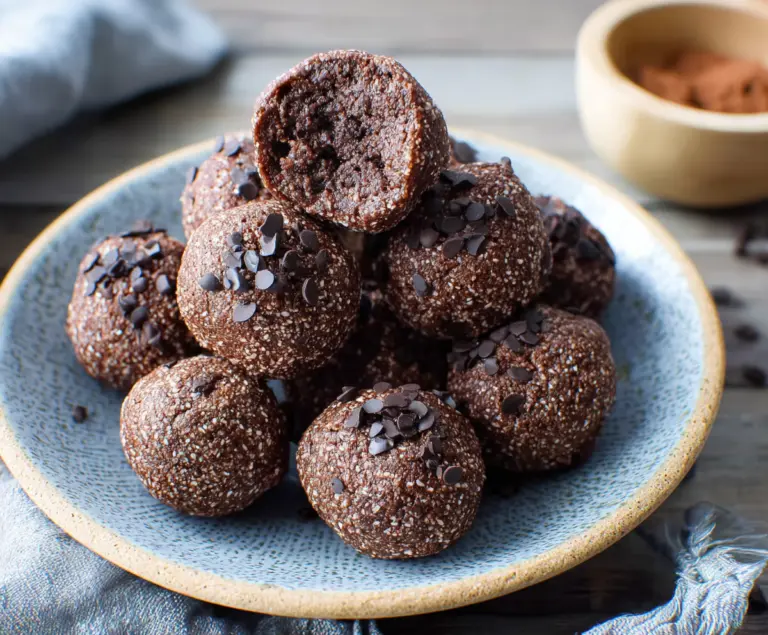 Delicious Chocolate Brownie Protein Balls arranged on a plate, perfect healthy snack.