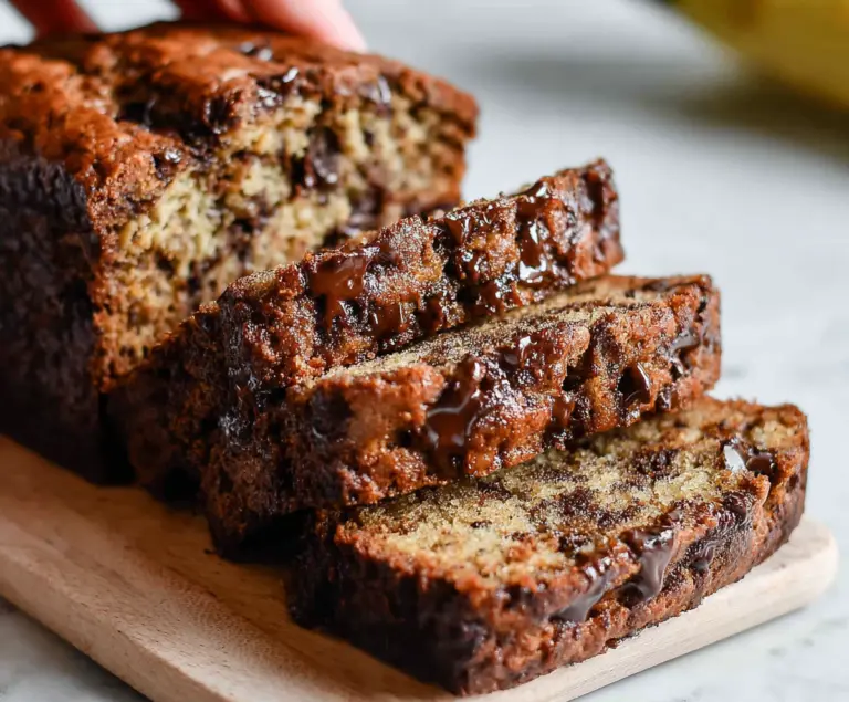 Delicious homemade chocolate chip banana bread fresh out of the oven, featuring moist texture and chocolate chips.