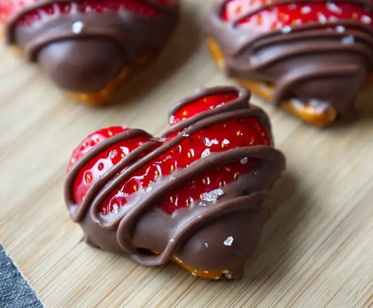 Sweet chocolate-dipped strawberry pretzel hearts perfect for Valentine's Day treats.