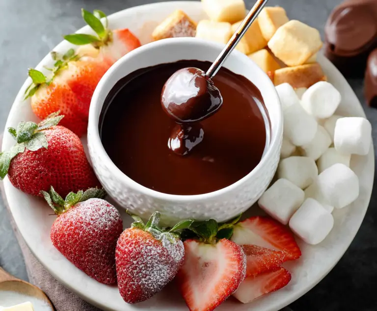 Delicious chocolate fondue served for two with strawberries and marshmallows for a romantic dessert