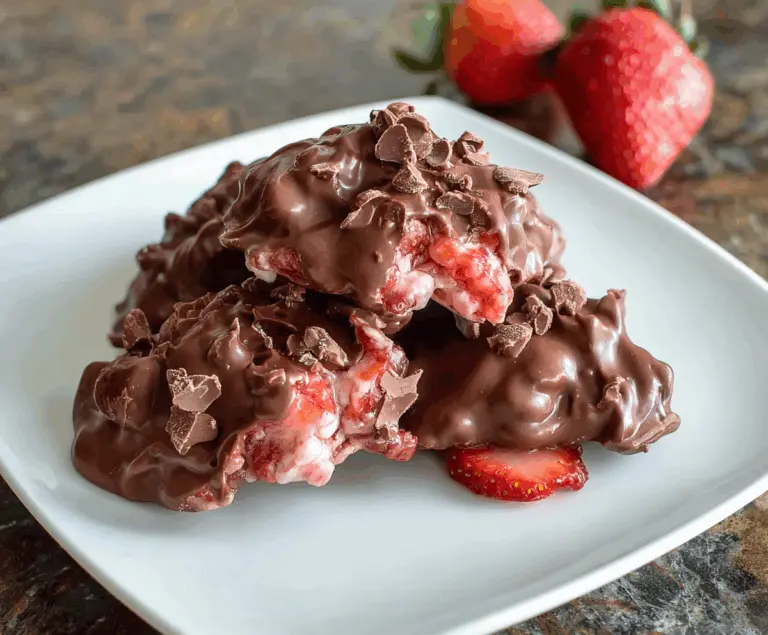 Delicious chocolate strawberry yogurt clusters on a white plate, showcasing their rich chocolate and fresh strawberry flavors.