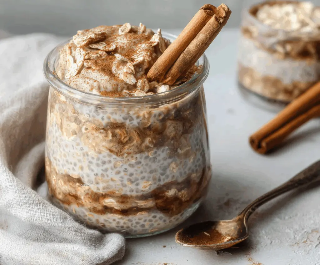 Delicious Cinnamon Roll Overnight Oats topped with cinnamon and icing, served in a glass jar.