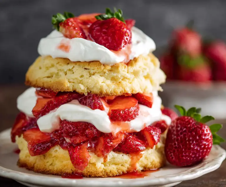 Delicious classic strawberry shortcake with fresh strawberries and whipped cream on a decorative plate