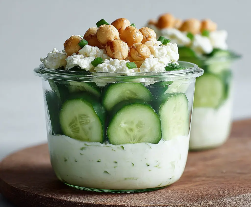 Fresh cottage cheese and sliced cucumbers in snack cups for a healthy appetizer.