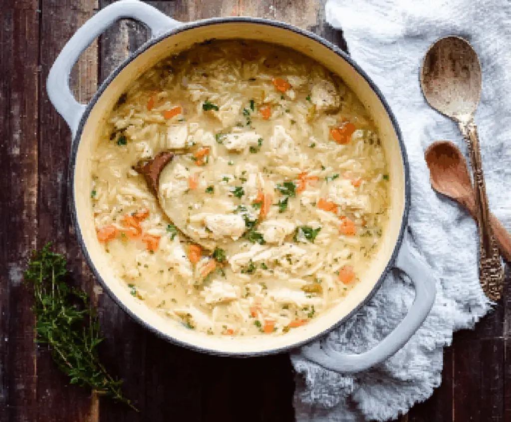 A steaming bowl of creamy chicken orzo winter soup garnished with herbs, showcasing a comforting and hearty meal.