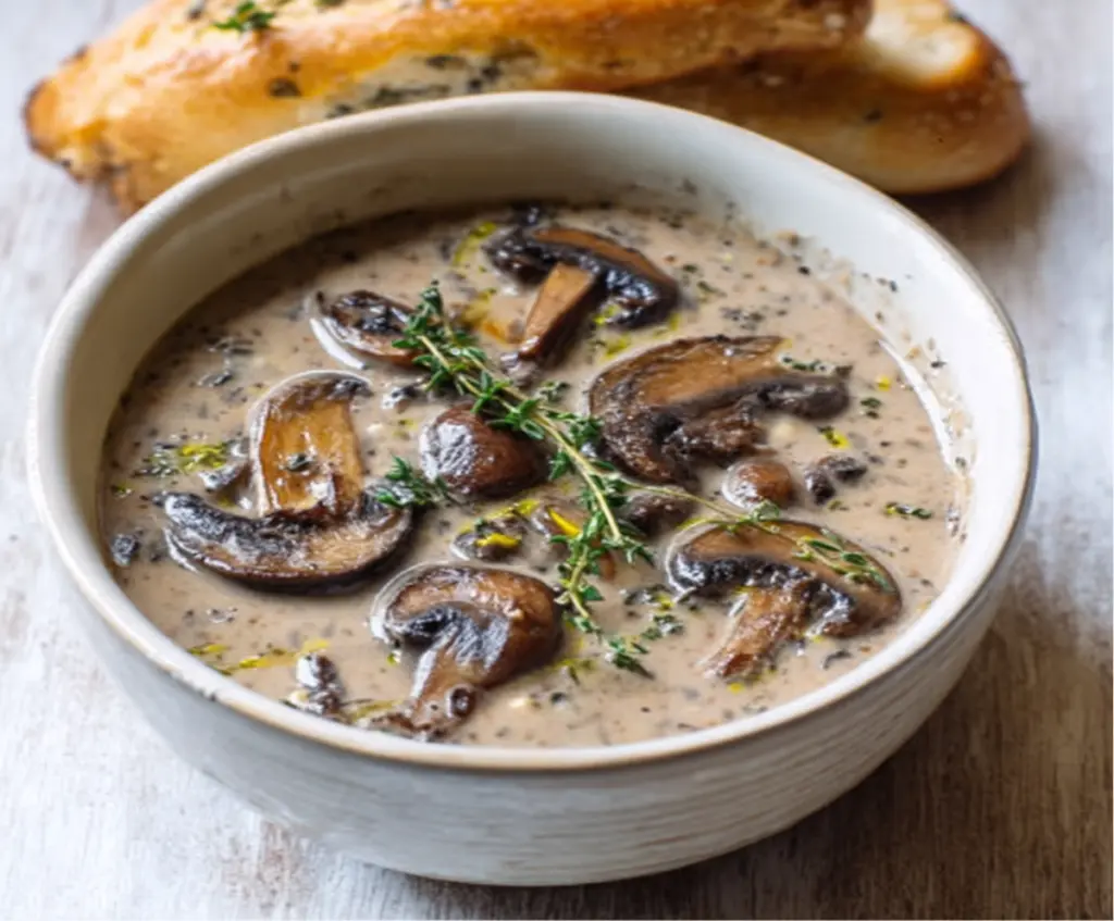 Delicious creamy mushroom thyme soup in a bowl with fresh herbs and crusty bread on the side.