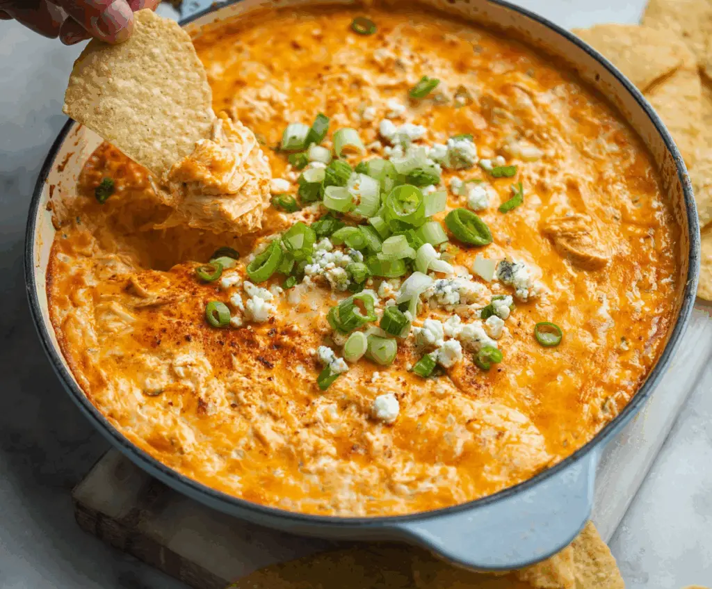 Delicious creamy spicy buffalo chicken dip served in a bowl with celery sticks.