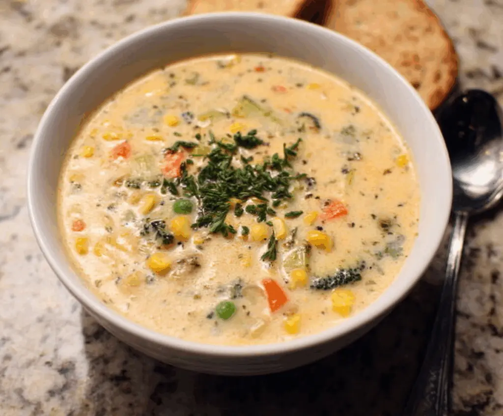 A bowl of creamy vegetable soup with colorful vegetables like carrots, celery, and potatoes, garnished with herbs.