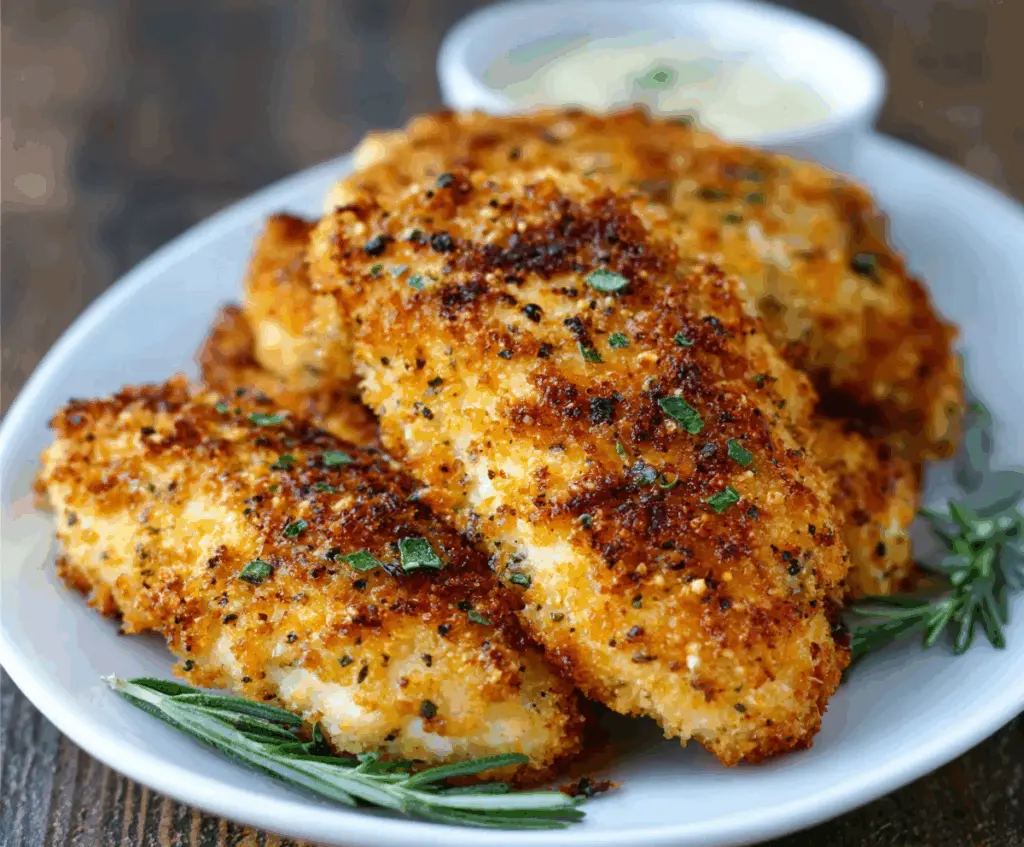 Crispy Air Fryer Parmesan Crusted Chicken served on a white plate with fresh herbs