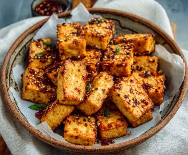 Crispy baked tofu cubes topped with sesame seeds and served with vegetables on a white plate.