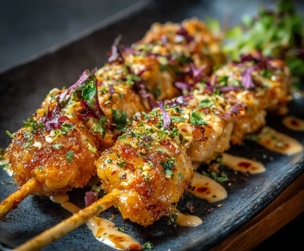 Crispy Bang Bang Chicken Skewers garnished with fresh chives on a white plate
