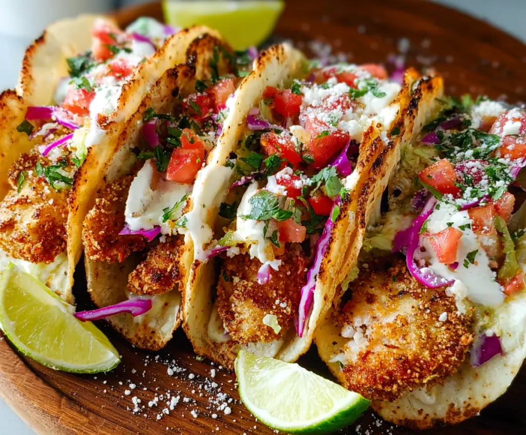 Delicious crispy chicken tacos topped with fresh lettuce and cheese, served on a plate.