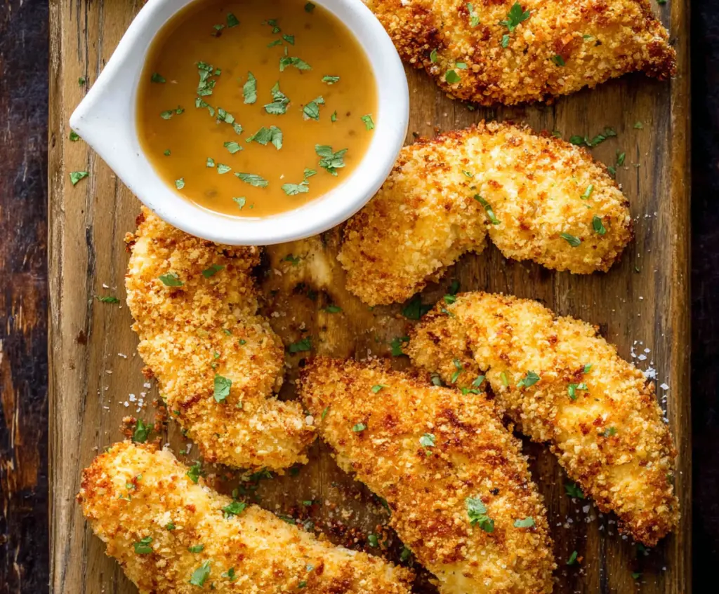 Golden crispy oven baked chicken tenders served with a side of fresh vegetables.