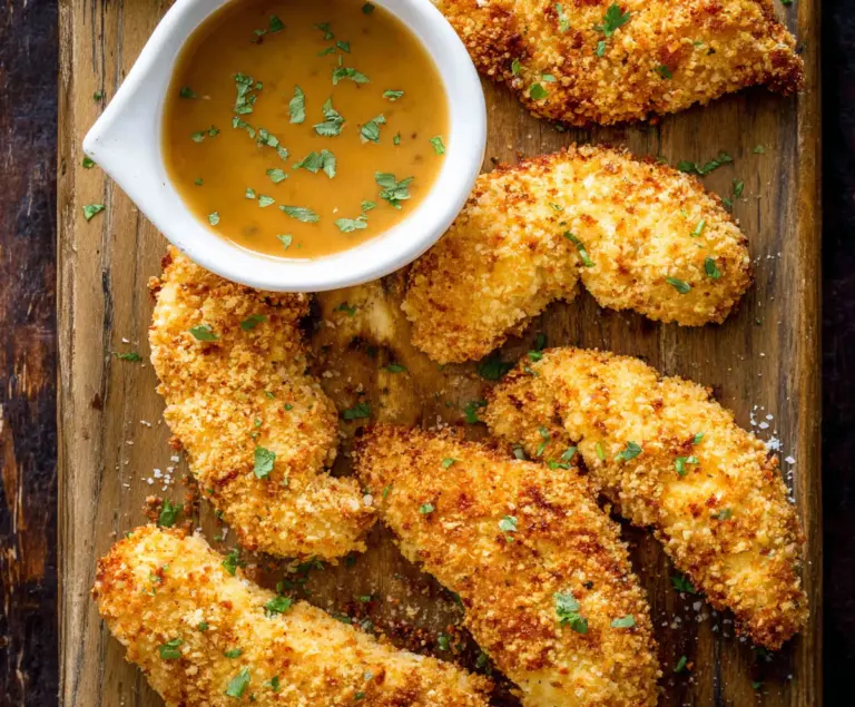 Golden crispy oven baked chicken tenders served with a side of fresh vegetables.