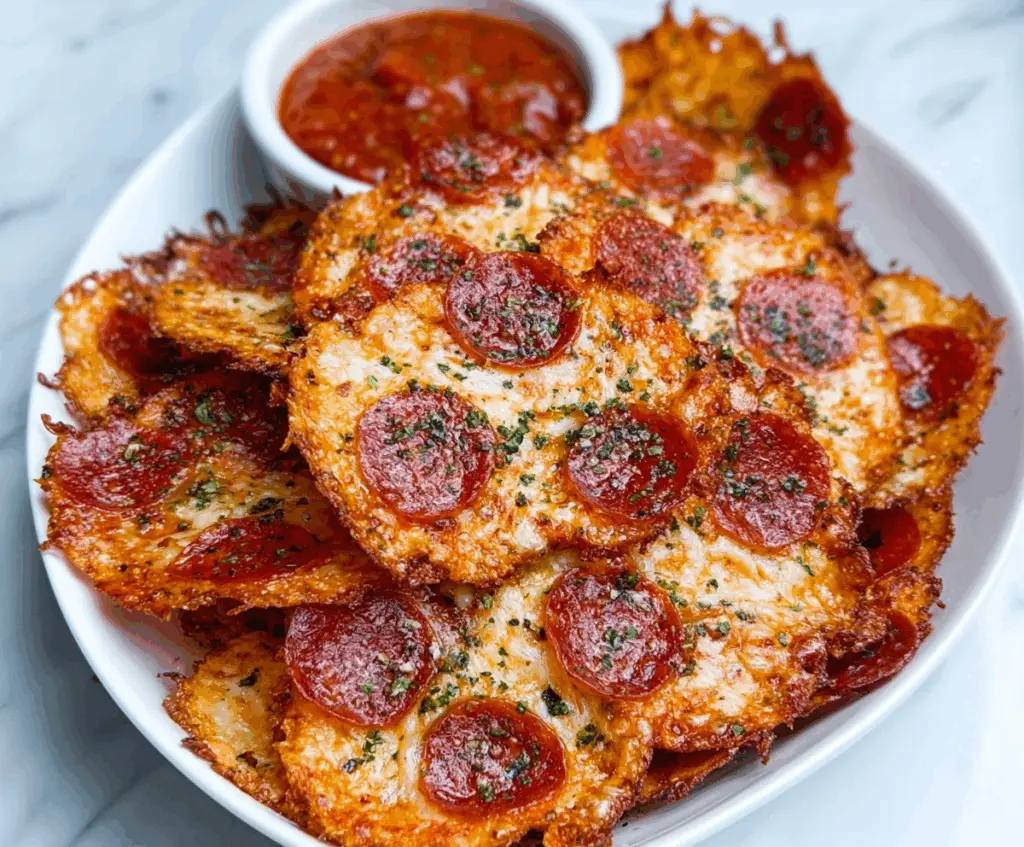 Crunchy homemade pizza chips topped with melted cheese and herbs, perfect for snacking.
