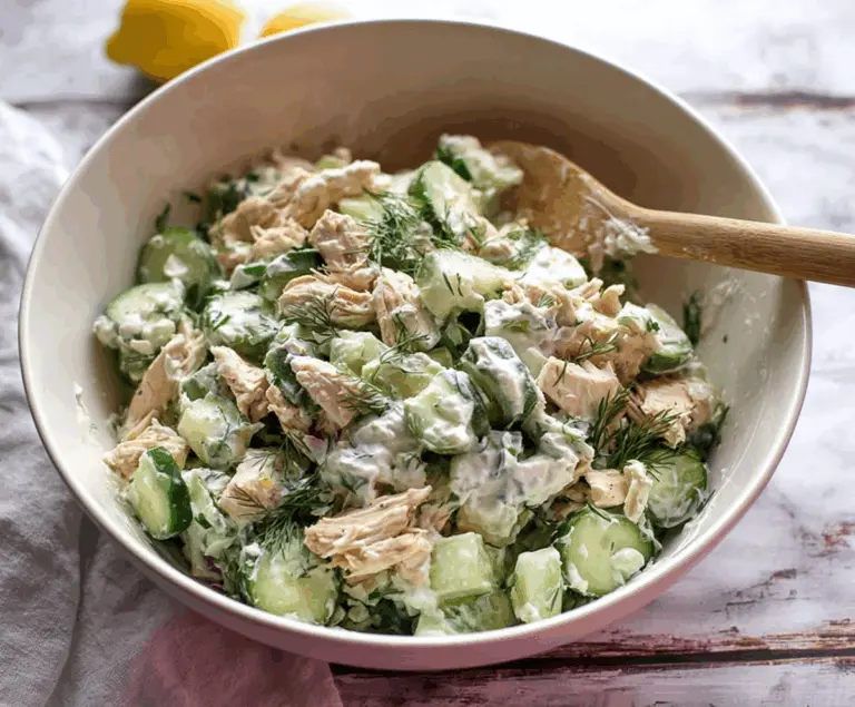 Refreshing cucumber and dill Greek yogurt rotisserie chicken salad in a bowl, perfect for summer meals