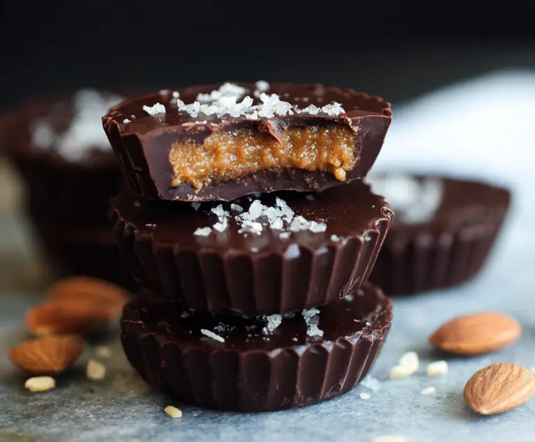Delicious homemade dark chocolate almond butter cups on a plate, showcasing rich chocolate and crunchy almond filling.