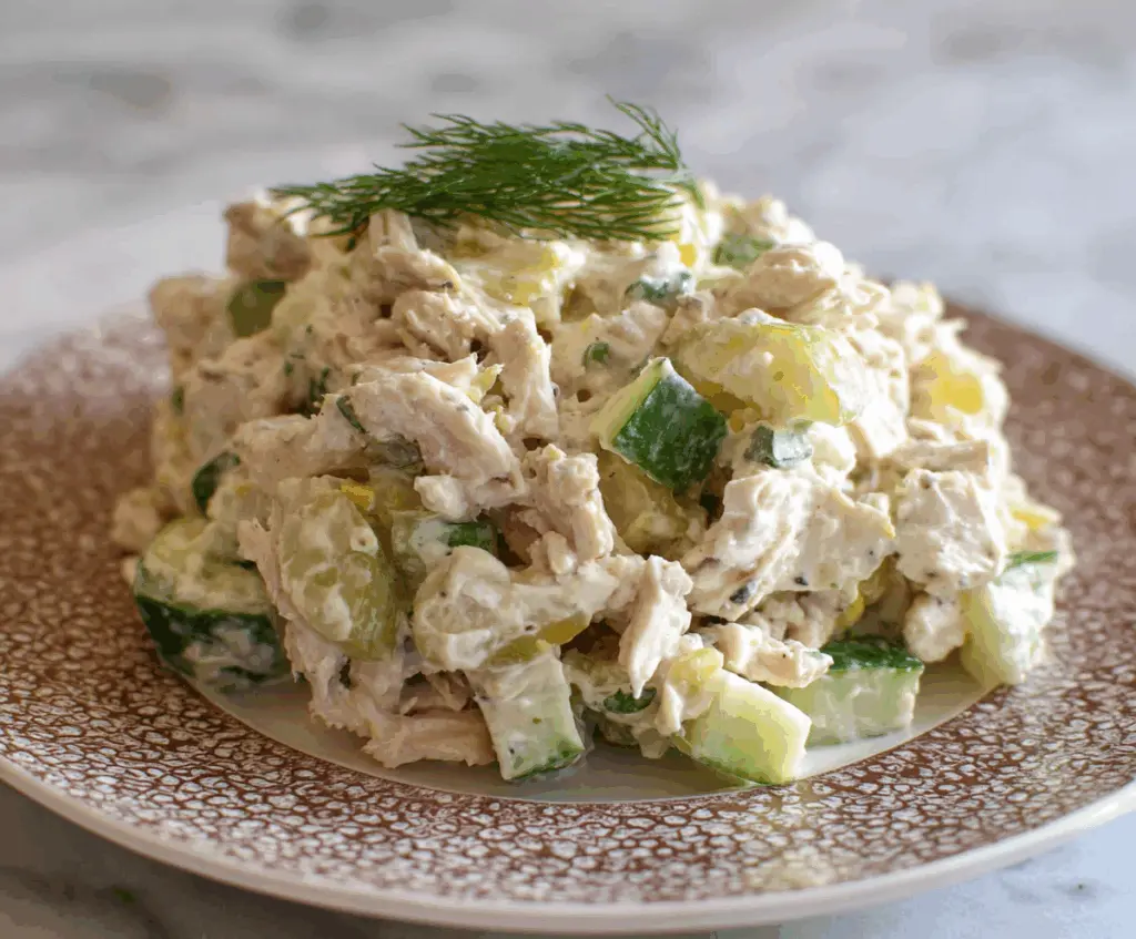 Dill pickle chicken salad in a bowl with fresh herbs and sliced pickles for a savory summer dish