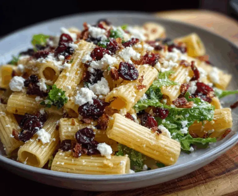 Close-up of Feta & Cranberry Rigatoni Salad with lemon wedge on a white plate, showcasing colorful ingredients and fresh herbs.