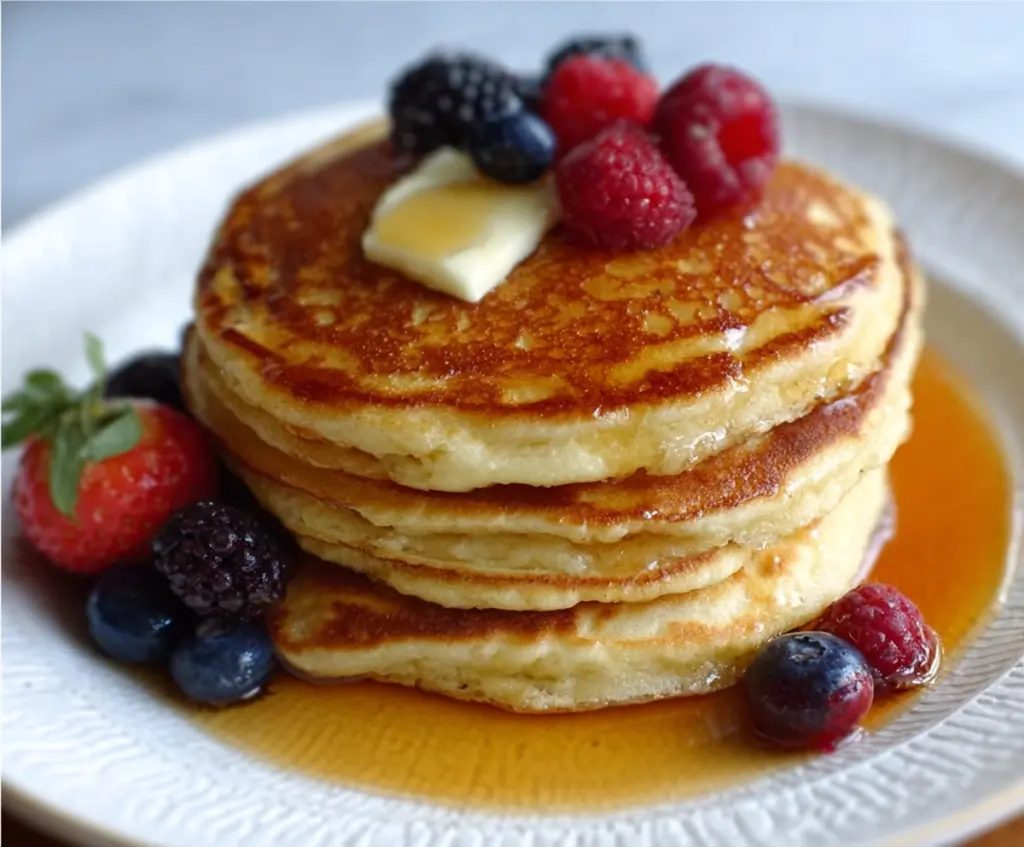 Delicious fluffy sourdough discard pancakes stacked on a plate, perfect for breakfast.