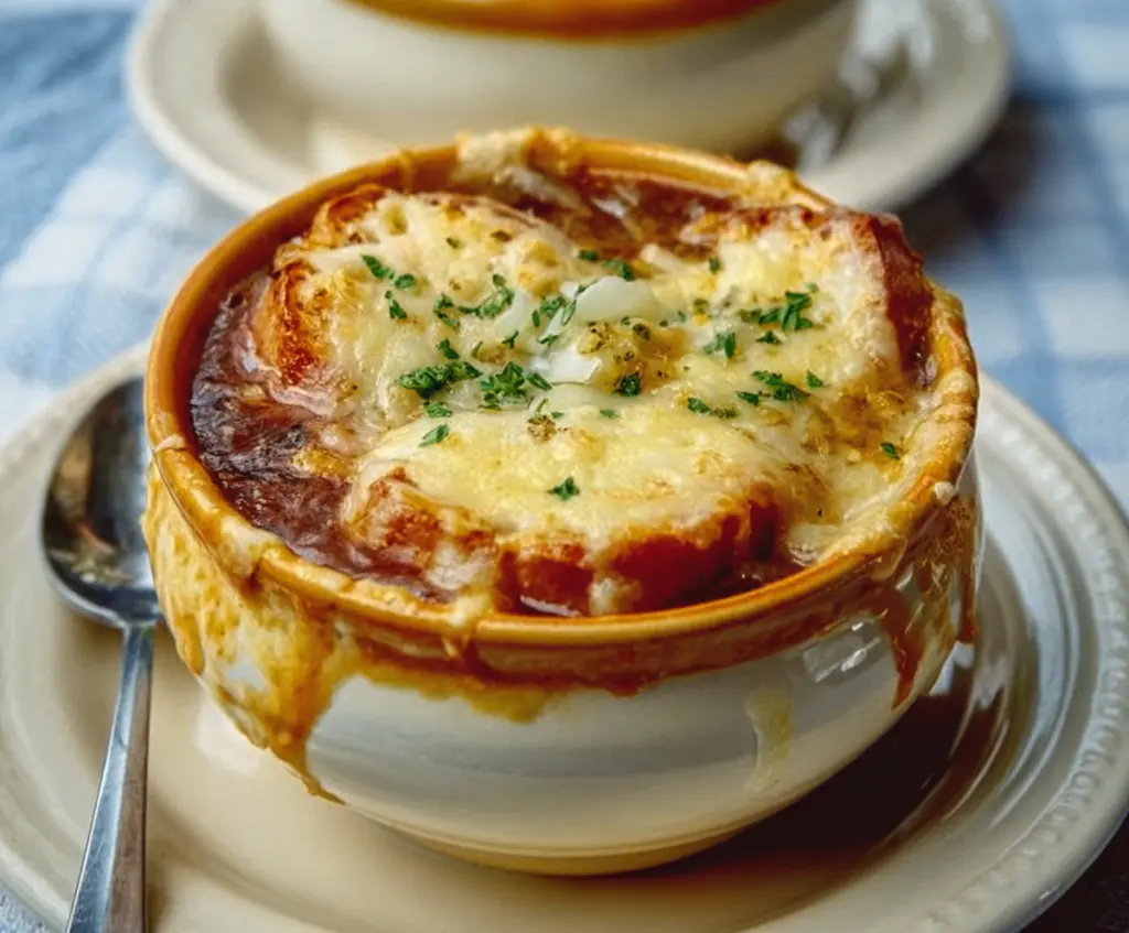 A steaming bowl of homemade French Onion Soup topped with melted cheese and fresh herbs.