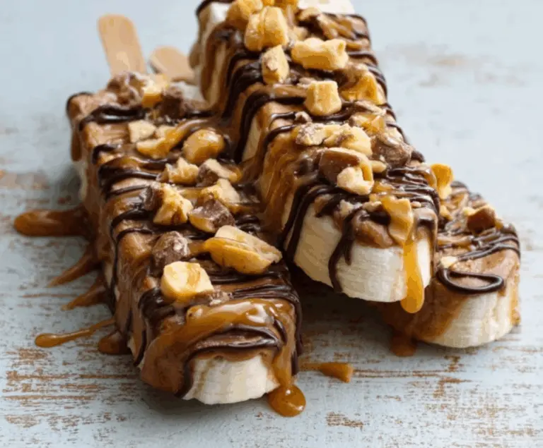 Delicious frozen banana Snickers dessert topped with chocolate and caramel.