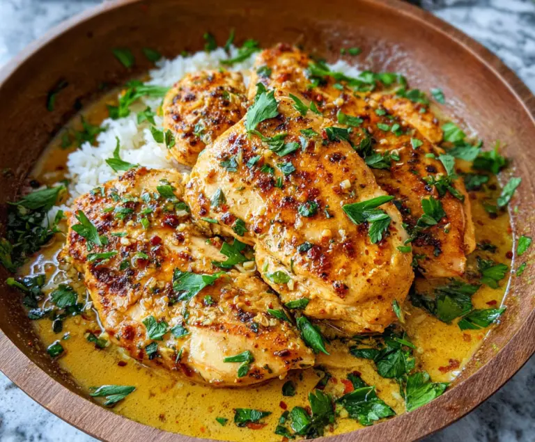 Juicy garlic butter chicken cooked to perfection with a golden crust on a white plate.