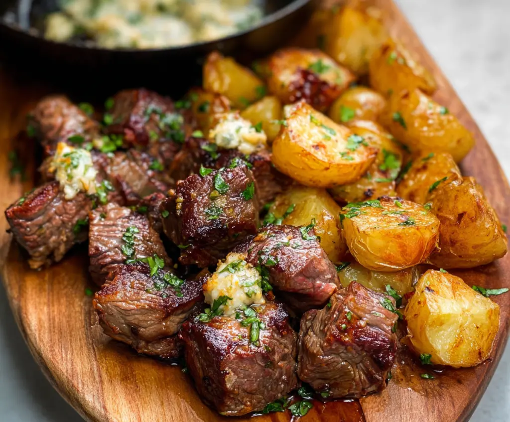 Delicious garlic butter steak bites served with crispy golden potatoes perfect for a gourmet meal.
